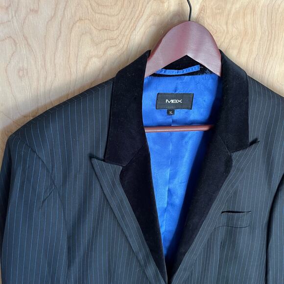 Velour Trimmed MBX Blazer Blue Silky Lined Pin Stripe Mens XL Sports Coat Preppy - Picture 5 of 11